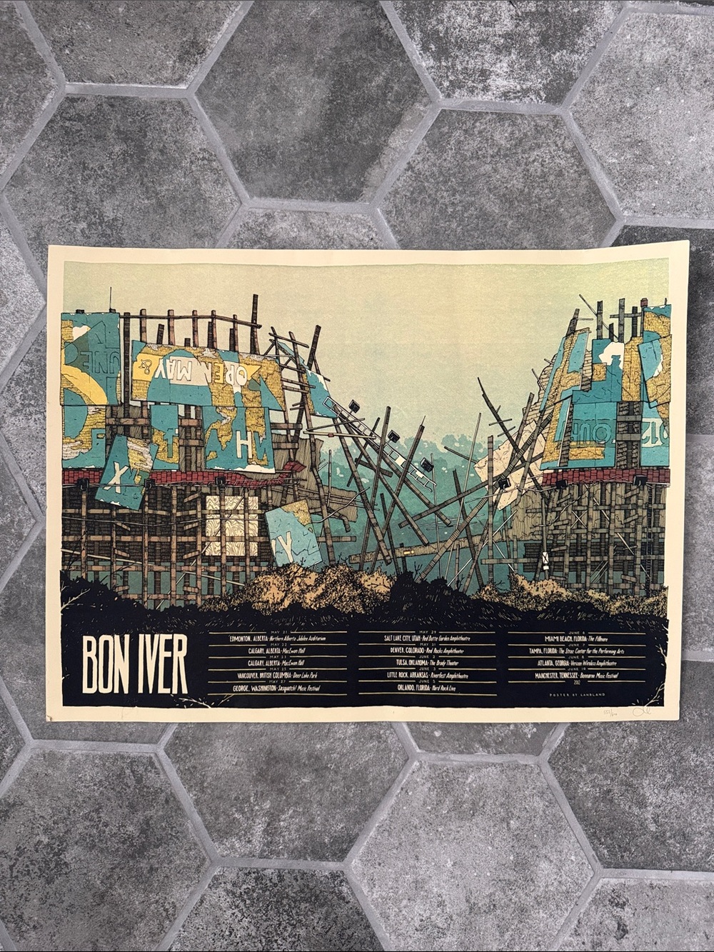 Rare Bon Iver Tour II 2012 Landland 4 Color Handmade Limited Edition Tour Poster